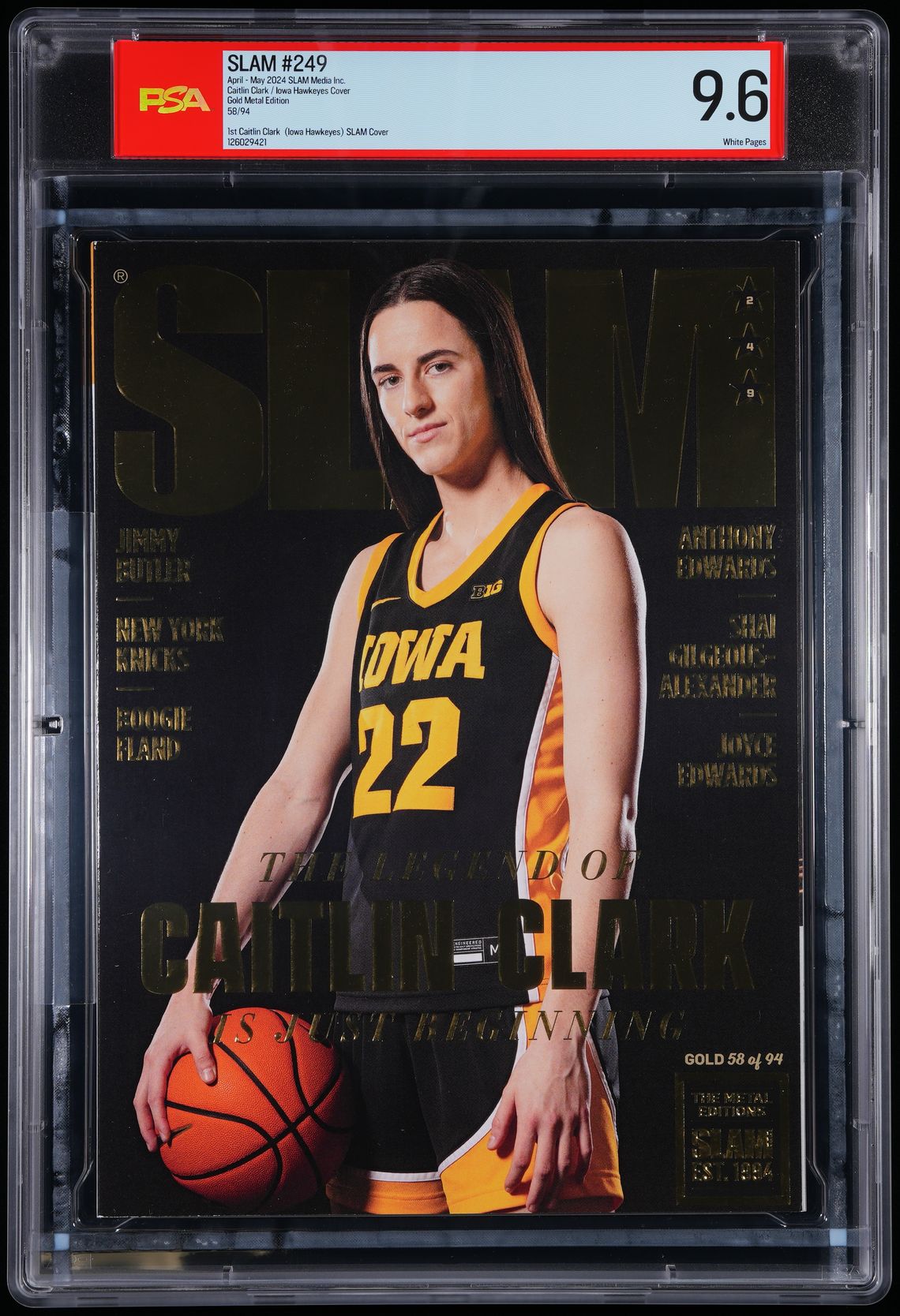 2024 Caitlin Clark SLAM Magazine Iowa Gold Metal Serial Numbered Rookie Cover